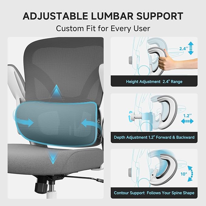 Ergonomic Office Chair with Adjustable Lumbar Support & Headrest, 330 LBS High Back Mesh Chair with Flip-up Armrests for Long Hours, Home Office Desk Chair, White and Gray