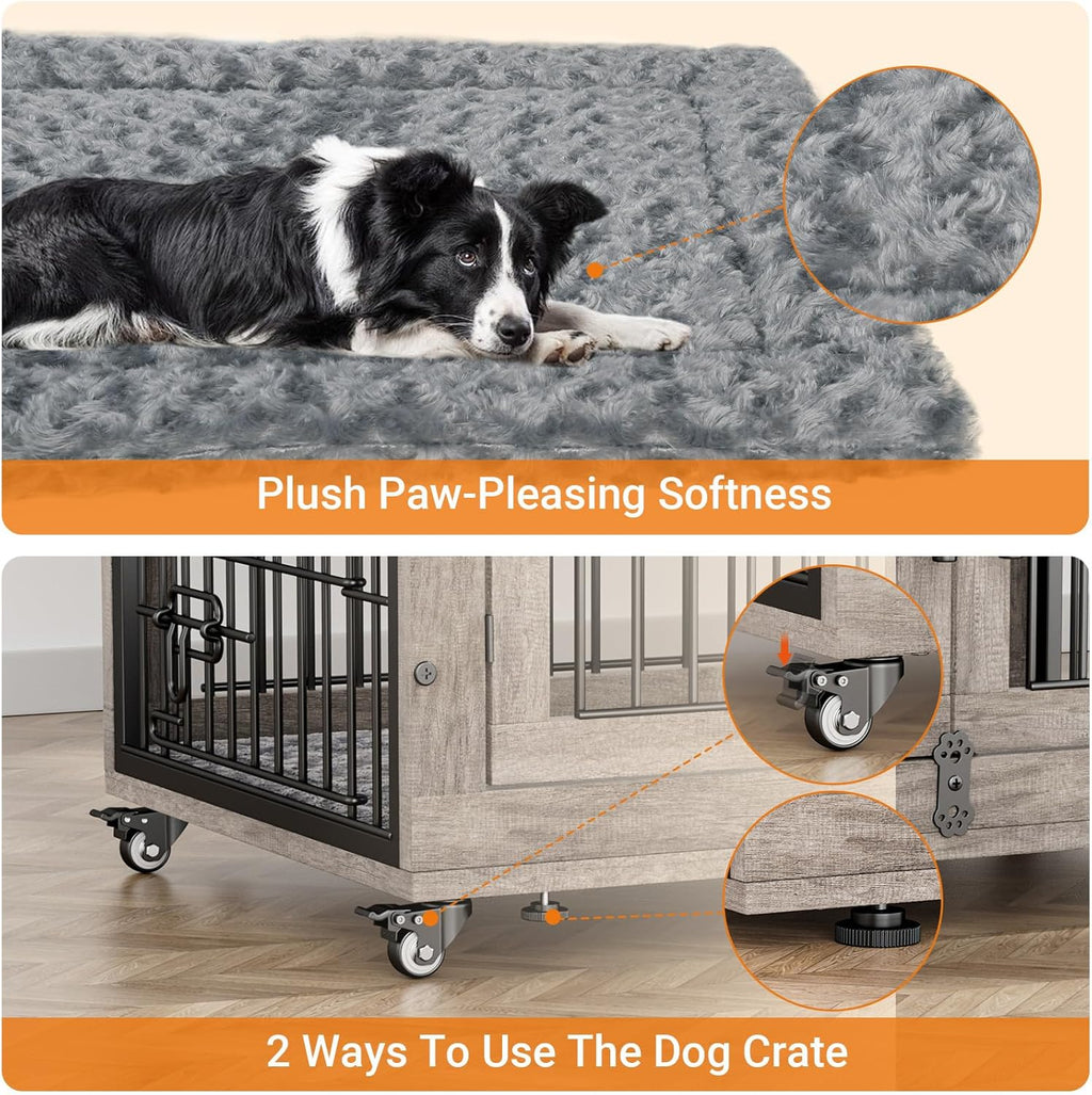 Lulive Large Dog Crate Furniture, 38'' Wooden Dog Crate End Table, Double Door Dog Kennel Indoor with Cushion & Wheels, Decorative Dog Cage House Chew-Resistant for Large/Medium, Grey