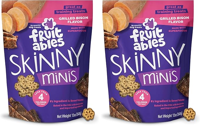 Fruitables Skinny Mini Dog Treats – Healthy Treats for Dogs – Low Calorie Training Treats – Free of Wheat, Corn and Soy – Grilled Bison – 12 Ounces (Pack of 2)