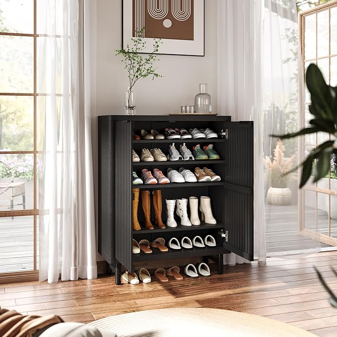 Tribesigns Shoe Cabinet with Shutter Doors, 6-Tier Entryway Shoe Cabinet with Adjustable Shelves, Wooden Modern Rack Organizer for Entryway, Hallway, Closet, Living Room, Black