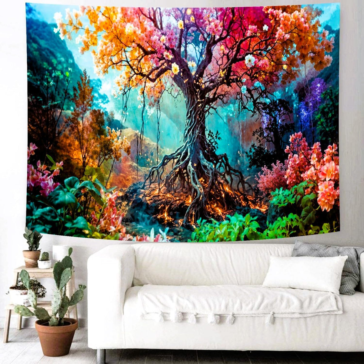 Delur Forest Tapestry Tree of Life Fantasy Tropical Rainforest Tapestry Wall Hanging Colorful Nature Mystical Landscape Psychedelic Spiritual Headboard for Bedroom Living Room Home Decor (51.2" x 59.1")