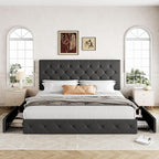 Allewie Upholstered King Size Platform Bed Frame with 4 Storage Drawers and Headboard, Diamond Stitched Button Tufted, Mattress Foundation with Wooden Slats Support, No Box Spring Needed, Dark Grey