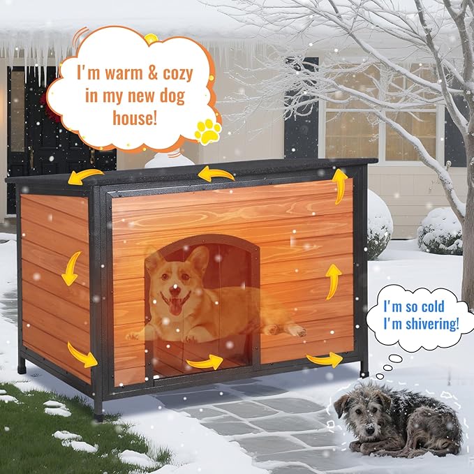 Insulated Dog House Outdoor Weatherproof, Wooden Warm Houses with Upgrade Anti-Chewing Iron Frame Dog Shelter for Puppies