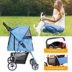 4 Wheels Dog Stroller Folding Pet Strolling Cart for Small Medium Cats Puppies Portable Jogger Travel Camping Puppy Carrier with Storage Basket Cup Holder, Blue