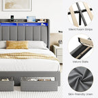 SHA CERLIN Queen Platform Bed Frame with Vertical Channel Tufted Wingback Headboard & 2 Storage Drawers/2-Tier Shelves with LED Lights & Charging Station/Noise-Free/No Box Spring Needed/Dark Grey
