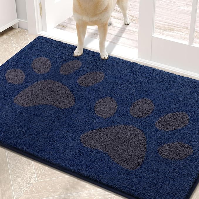 Buganda Dog Door Mat for Muddy Paws, Absorbent Dirt Trapper Washable Indoor Doormats, Non Slip Low-Profile Mud Mat for Dogs, Front Entrance Doormat for Inside Floor (30x20 Inches, Navy)