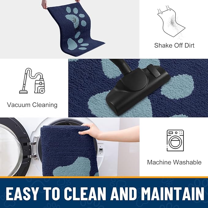 Smiry Dog Door Mat for Muddy Paws, Absorbs Moisture and Dirt, Low-Profile Entryway Mat with Non-Slip Backing, Entry Indoor Outdoor Doormat for Inside Floor (36x24 Inches, Dark Blue, Paw)
