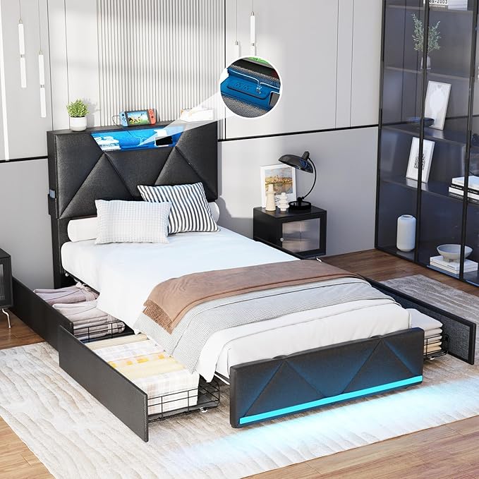 Vabches Twin Bed Frame with Storage Headboard and 4 Drawers,Upholstered Platform with Charging Station and Led Lights,Adjustable Headboard with Pu Leather,No Box Spring Needed,Black