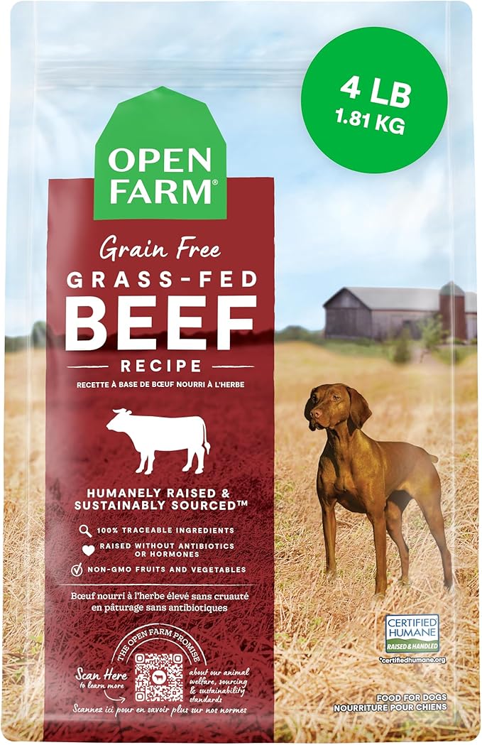 Open Farm, Grain-Free Dry Dog Food, Complete & Balanced Kibble, Sustainably & Ethically Sourced Ingredients, Non-GMO Veggies & Superfoods to Support Overall Health, Grass-Fed Beef Recipe, 4lb Bag