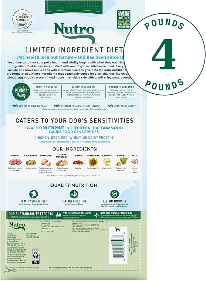 Nutro Limited Ingredient Diet Adult Dry Dog Food, Lamb & Sweet Potato Recipe, 4 lbs.