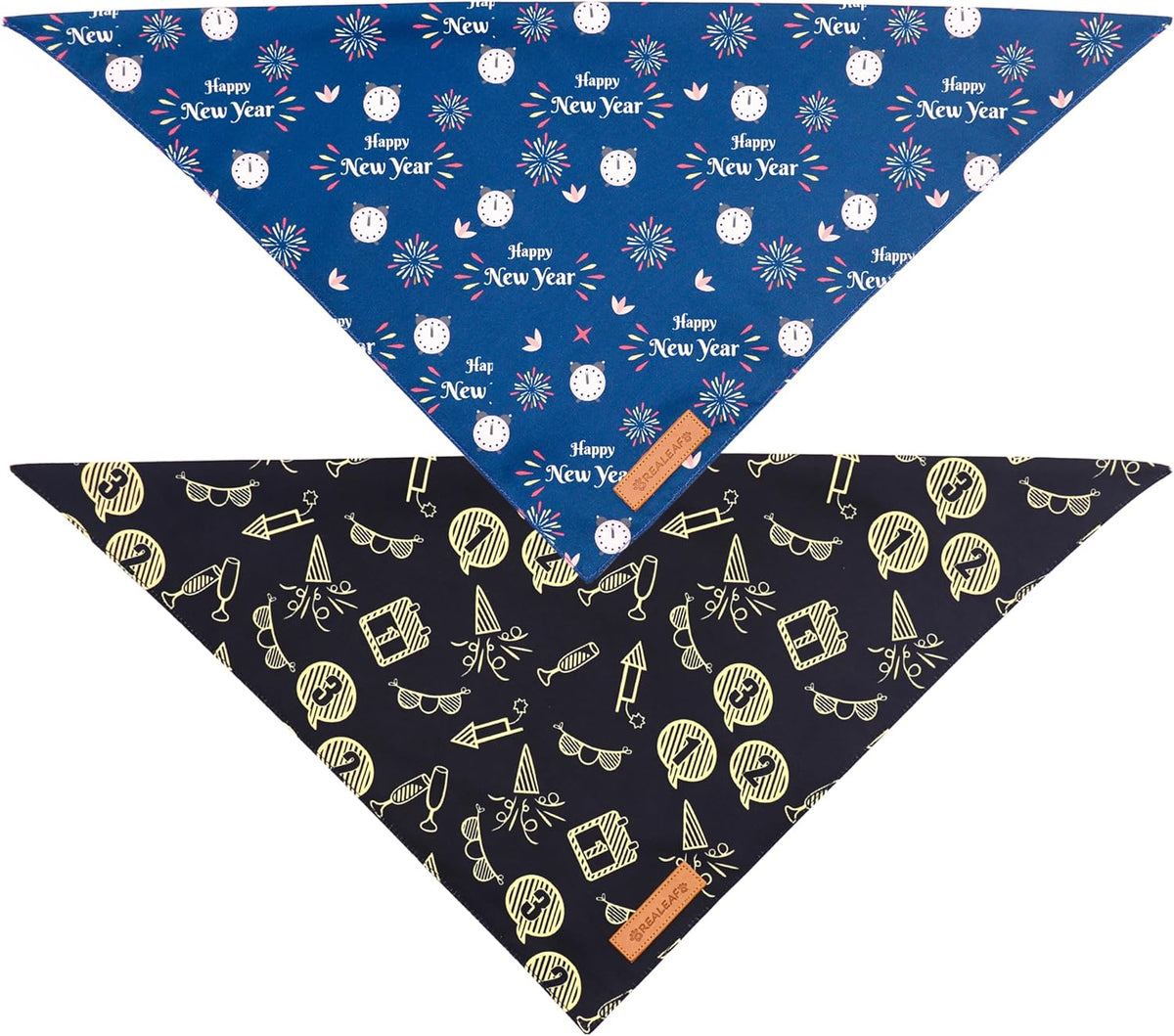 Realeaf Happy New Year Dog Bandanas 2 Pack, Reversible Holiday Pet Scarf for Boy and Girl, Premium Durable Fabric, Bandana for Small Medium Large and XLarge Dogs (Large)