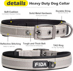 Fida Heavy Duty Dog Collar, Ultra Comfortable Soft Neoprene Padded, Adjustable Reflective Nylon Pet Collar with Durable Metal Belt Buckle for Large Breeds (L, Grey)