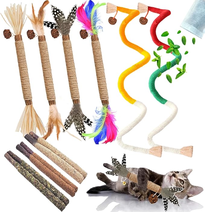 Cat Toys 12Pcs Catnip Toys for Indoor Kitten Cat Silvervine Chew Molar Scratch Cotton Rope Cleaning Teeth Dental Stick Treat Kitty Self Play Kick
