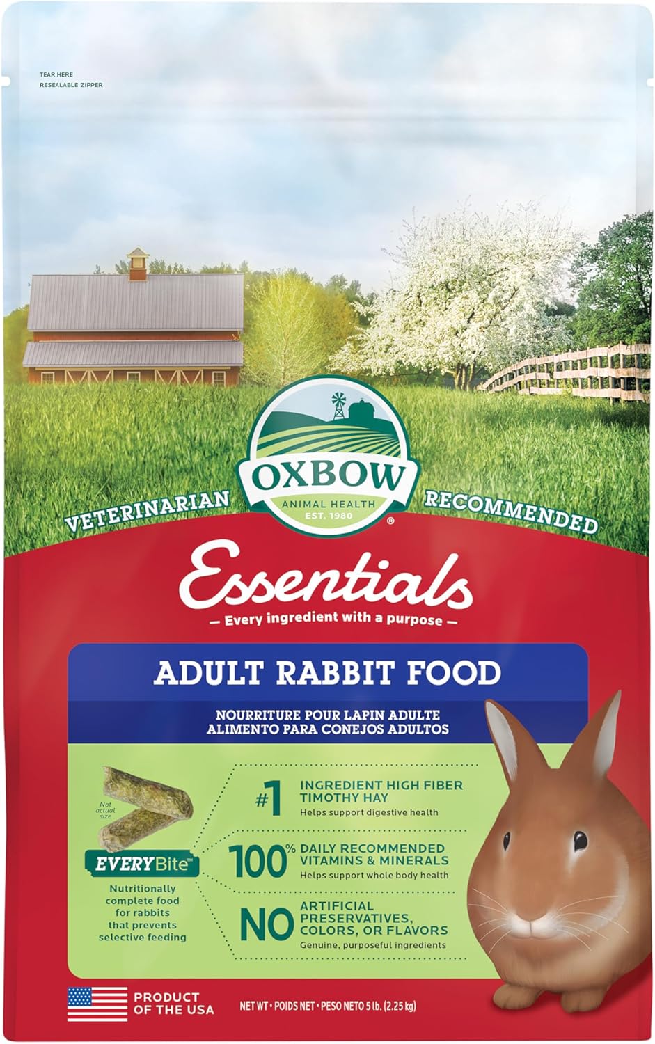Oxbow Essentials Rabbit Food, Adult Rabbit, Made with Oxbow Timothy Hay, Pet Pellets with Vitamins & Minerals, Small Animal Pet Products, Bunny Supplies, Made in USA, Bunny Food, 5 lb