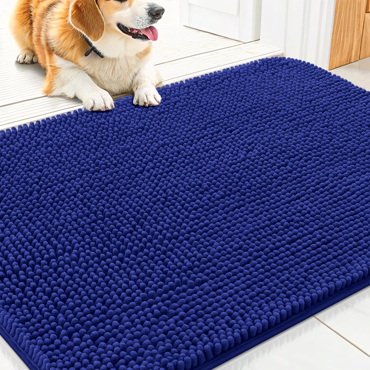 Smiry Dog Door Mat for Muddy Paws 30x20, Absorbs Moisture and Dirt Doormat, Non-Slip Washable Quick Dry Chenille Front Door Mat Indoor Entrance, Entryway Carpet for Inside Floor, Navy Blue
