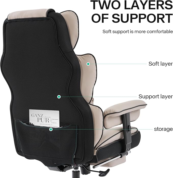 Big and Tall Office Chair 400lbs Wide Seat,High Back Gaming Chair with Foot Rest, Ergonomic Reclining Executive Office Chair Lumbar Support,Leather Computer Chair Adjustable Arm(Black Beige)