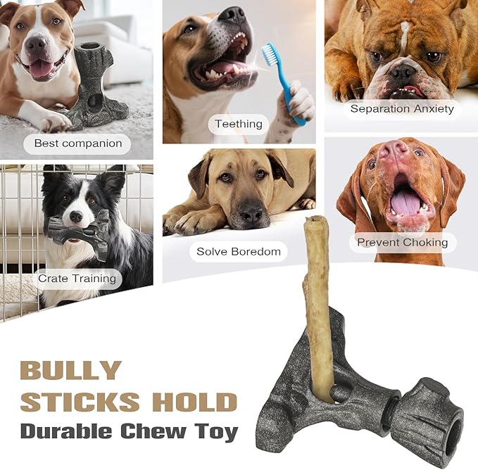 Tree Stump Dog Puzzle Toy for Medium/Large Dogs – Interactive Chew Toy with Frozen Treat Molds & Peanut Butter Grooves, Tree Trunk Bully Stick Holder for Dogs, Fits Various Bully Sticks