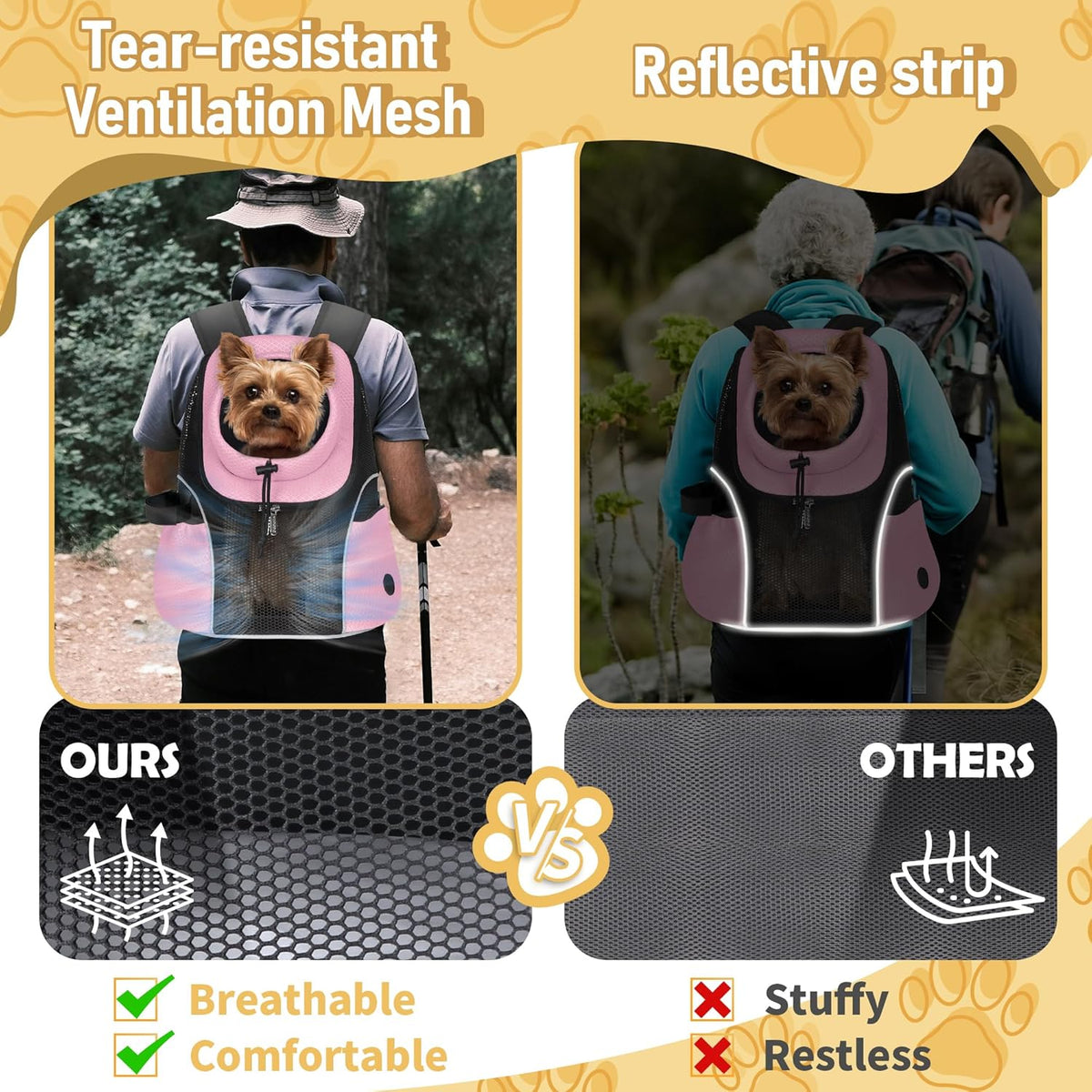 WOYYHO Pet Dog Carrier Backpack Small Dog Front Backpack Ventilated Mesh Dog Travel Back Pack with Safety Belt for Travel Hiking Cycling Outdoor Adventures (Size M: 5-9 lbs, Pink)