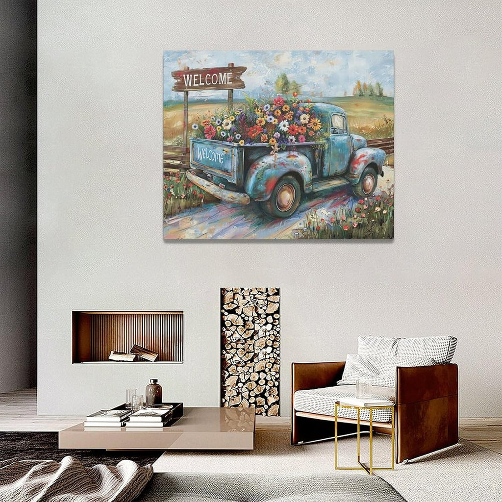 Farmhouse Truck Wall Art Rustic Country Wildflowers Wall Decor Road Flowers Landscape Pictures Canvas Print Painting Artwork for Bathroom Living Room Bedroom 16"x20"