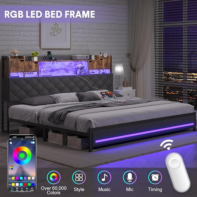 King Bed Frame with Upholstered Headboard, Bed Frame King Size with Hidden Storage,3-Tier Storage Shelves, LED Lights and Charging Station, King Bed with Noise-Free, No Box Spring Needed, Gray