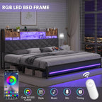 King Bed Frame with Upholstered Headboard, Bed Frame King Size with Hidden Storage,3-Tier Storage Shelves, LED Lights and Charging Station, King Bed with Noise-Free, No Box Spring Needed, Gray