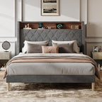 WLIVE Queen Size Upholstered Bed Frame with Storage Headboard, Velvet Square Tufted Platform Bed with Charging Station, Sturdy Metal & Wooden Slats Support, No Box Spring Needed, Grey