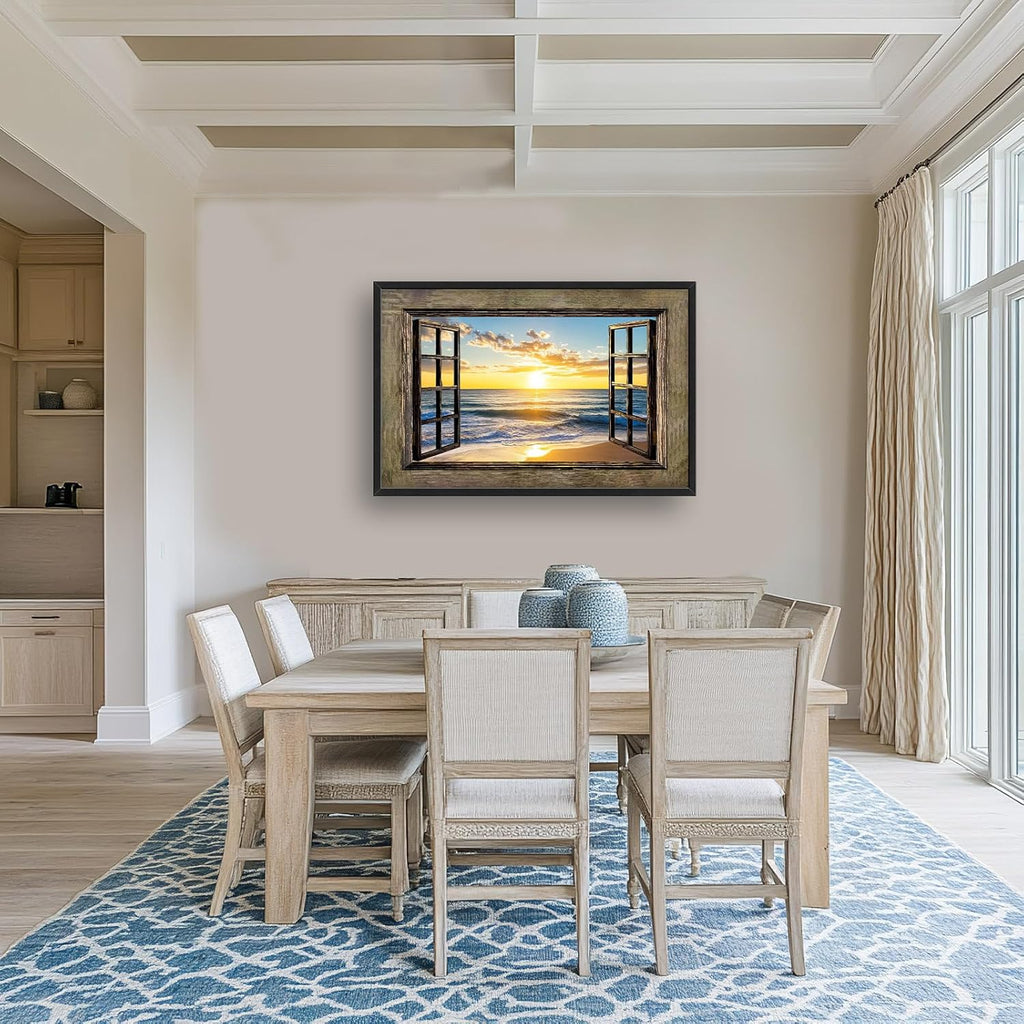 Beach Large Wall Art Sea Coastal Pictures Rustic Window Sunrise Wall Decor Canvas Print Painting Artwork for Bathroom Living Room Bedroom 36L" x 24W"