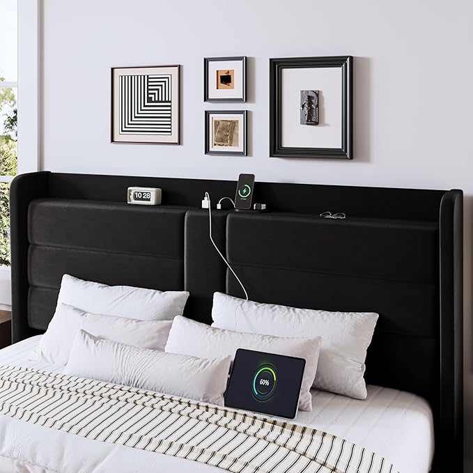 Allewie Full Size Platform Bed Frame with Charging Station & Storage Headboard, Upholstered Velvet Wingback Design & USB Port, Strong Wooden Slats Support, No Box Spring Needed, Easy Assembly, Black