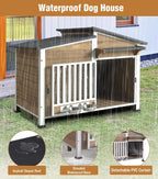GUTINNEEN Dog House Outdoor with Anti-Chewing Metal Frame, Wooden Dog Kennel with 360° Rotating Feeding Bowl, Weatherproof Roof, for Indoor & Outdoor Use - Brown