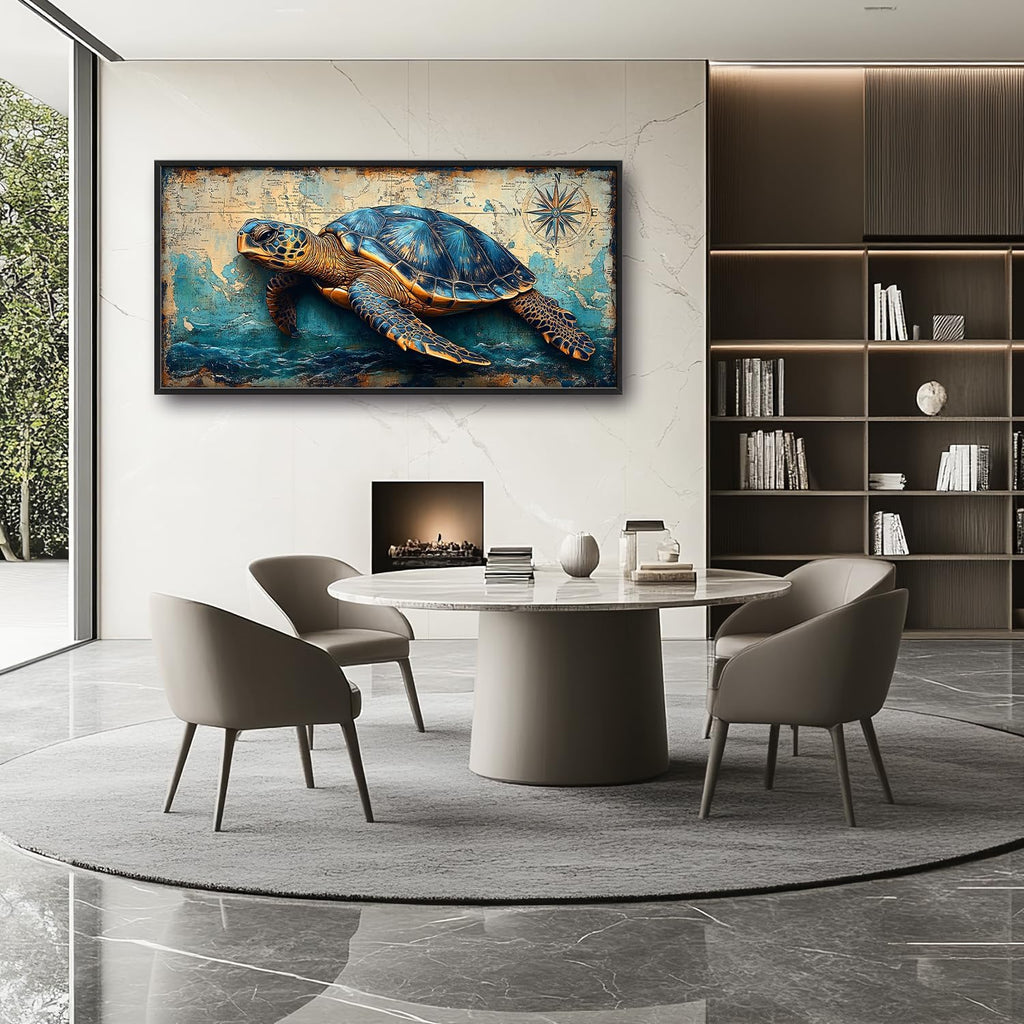 Large Nautical Turtle Wall Art for Living Room, Coastal Ocean Canvas Oversized Wall Decor, Beach Aesthetics Framed Pictures Painting Print Artwork for Bedroom Office 60L" x 30W"