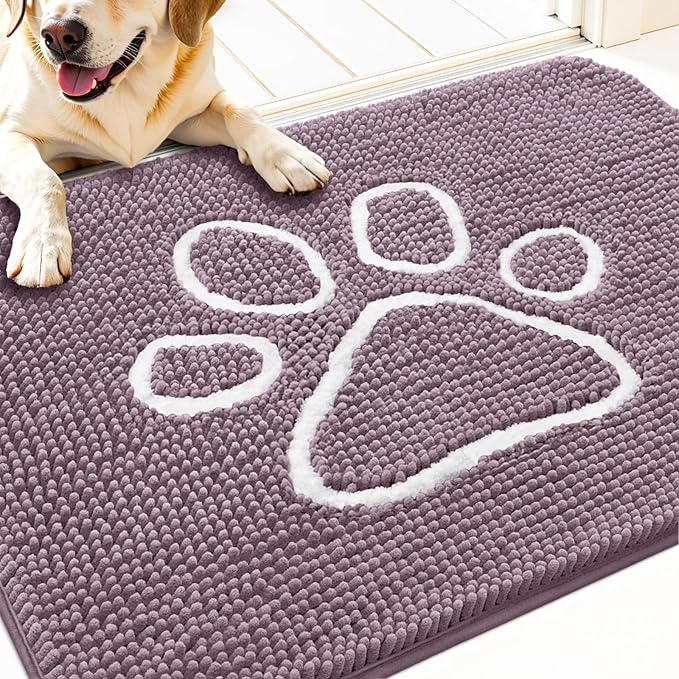 OLANLY Dog Door Mat for Muddy Paws 30x20, Paw Print Design, Absorbs Moisture and Dirt, Absorbent Non-Slip Washable Doormat, Quick Dry Chenille Mud Mat, Entry Indoor Entryway Carpet, Deep Plum
