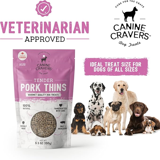 Canine Cravers Single Ingredient Dog Treats – Pork Thin Tenders - Human Grade Air Dried Hypoallergenic Pet Food – Grain, Gluten, and Soy Free – 100% All Natural - 5.3 oz