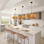 14'' Natural Rattan Chandelier Small Rattan Pendant Light -Farmhouse Boho Hanging Light with Included E27 Bulb, 120V Wicker Chandelier for Dining Room Bedroom Living Room Island