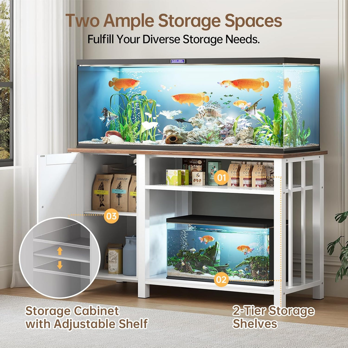 55-75 Gallon Fish Tank Stand with Power Outlet & Adjustable Shelf, Heavy Duty Aquarium Stand with Cabinet Storage for Fish Tank, Turtle Tank, Reptile Terrarium, 1000LBS Capacity, White