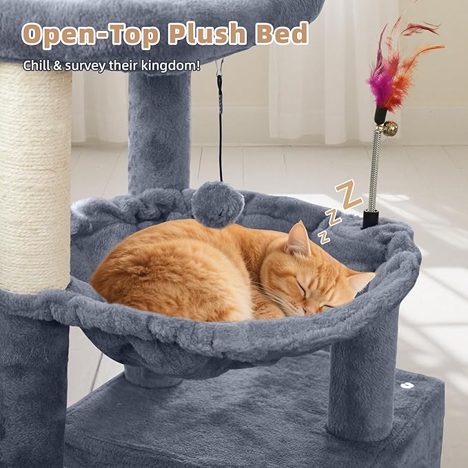 Cat Tree with Cat Condo and Two Hammocks, Cat Tree with Scratching Posts and Scratching Pads, Cat Tower for Indoor Cats, Activity Centre Climbing Tree with Playful Toy Balls, Grey