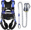 Fall Protection Premium Safety Harness with Shock Absorbing Lanyard, Vented & Padded Shoulder, Legs & Back - Upgrade 4 Quick Buckles (Blue)