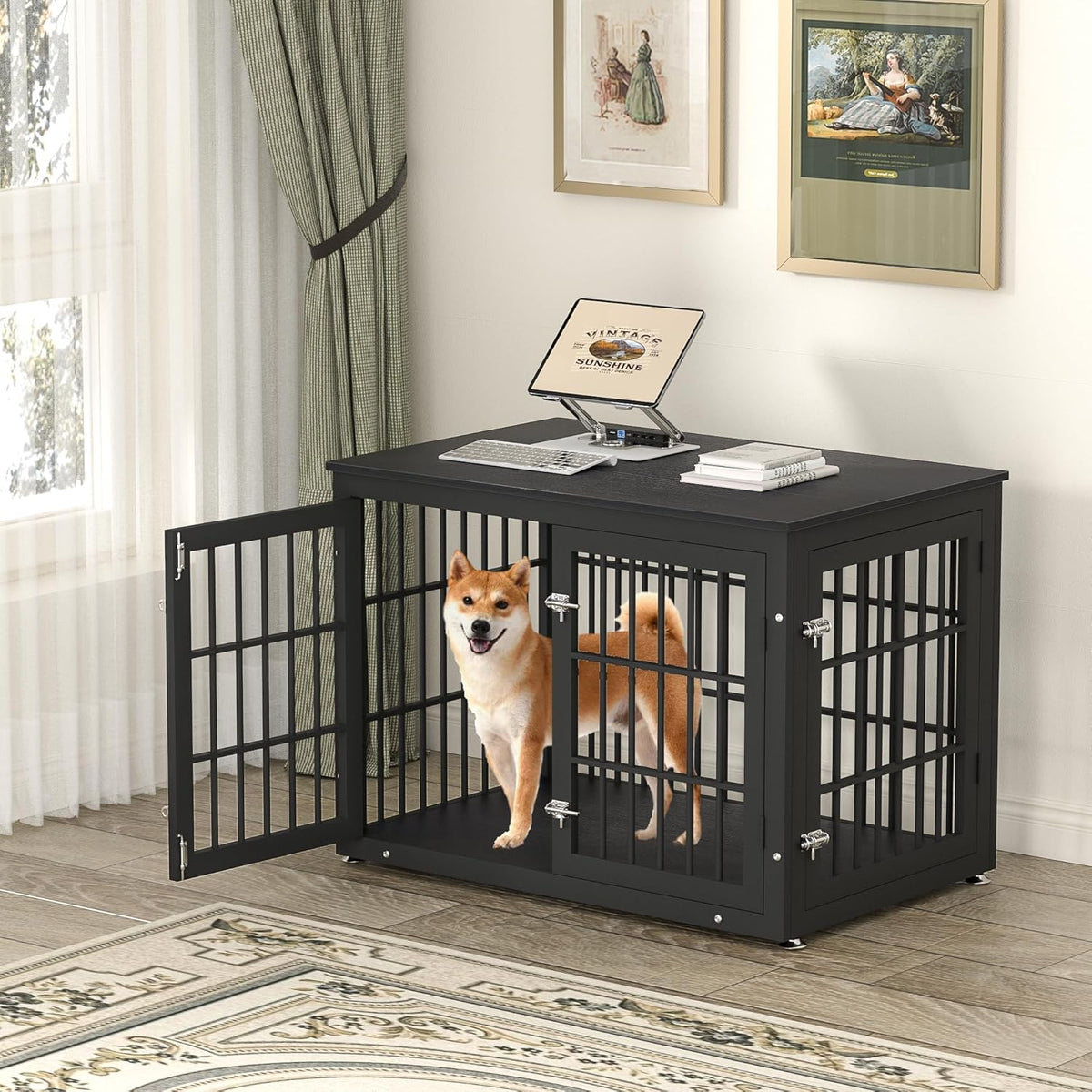 38 Inch Heavy Duty Dog Crate Furniture for Large and Medium Dogs, Decorative Pet House End Table, Wooden Cage Kennel Furniture Indoor, Black