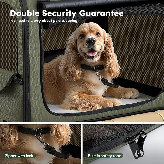 Large Dog Car Carrier Light Weight, 27×20.5×20.5ins Dog Carrier for Cars, Portable Dog Car Crate with Breathable Windows, Stable Pet Carrier for Both Indoor and Outdoor Use, Pet Travel Crate Green