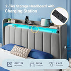 Allewie Velvet Vertical Tufted Full Size Upholstered Platform Bed Frame with 2-Tier LED Storage Headboard & 2 Storage Drawers, USB & Type-C Charging Ports, Noise-Free/No Box Spring Needed, Grey