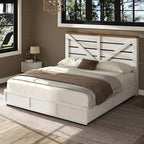 AMERLIFE King Size Farmhouse Bed Frame with 4 Drawers, Wooden Storage Bed Frame with Headboard and Heavy Duty Metal Slats, Noisy Free, Easy Assemble, White/Barnwood
