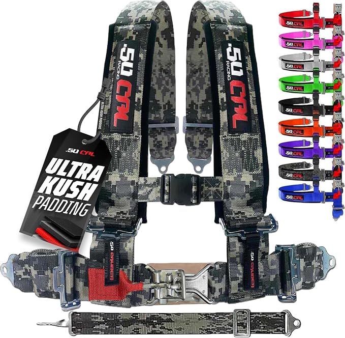 1pc 50 Cal Camo 5 Point Harness w/ 2" straps, Racing Harness Seat Belt | Ultra Kush padding, Race latch quick release hardware. Universal Fit for UTV, RZR, race car. Part# 6009A7