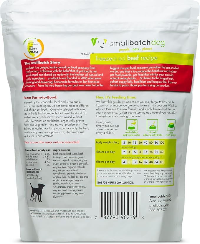 smallbatch Pets Freeze Dried Raw Dog Food, Beef Recipe, 25 oz, Organic High Protein Dog Food, Grain Free, Made in The USA, Humanely Raised Meat, Single Protein, for Picky Eaters, Hydrate & Serve