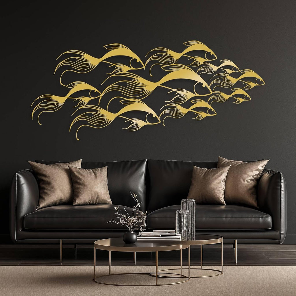School of Fish Metal Wall Art, Metal Fish Wall Decor, Sea Life Wall Art, Large Nautical Wall Hanging, Modern Beach House Wall Decor, Ocean Themed Artwork for Bathroom (Silver, 59"x25" | 150x64cm)