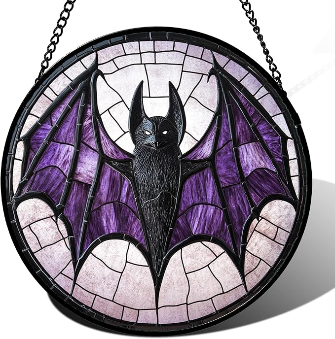Stained Glass Window Hanging - Halloween Black Bat Purple Wings Monster Suncatcher for Doors Garden Home Spooky Sun Catchers Gothic Decor Horror Gift for Women Men Friend Boy Girl 11.8 in