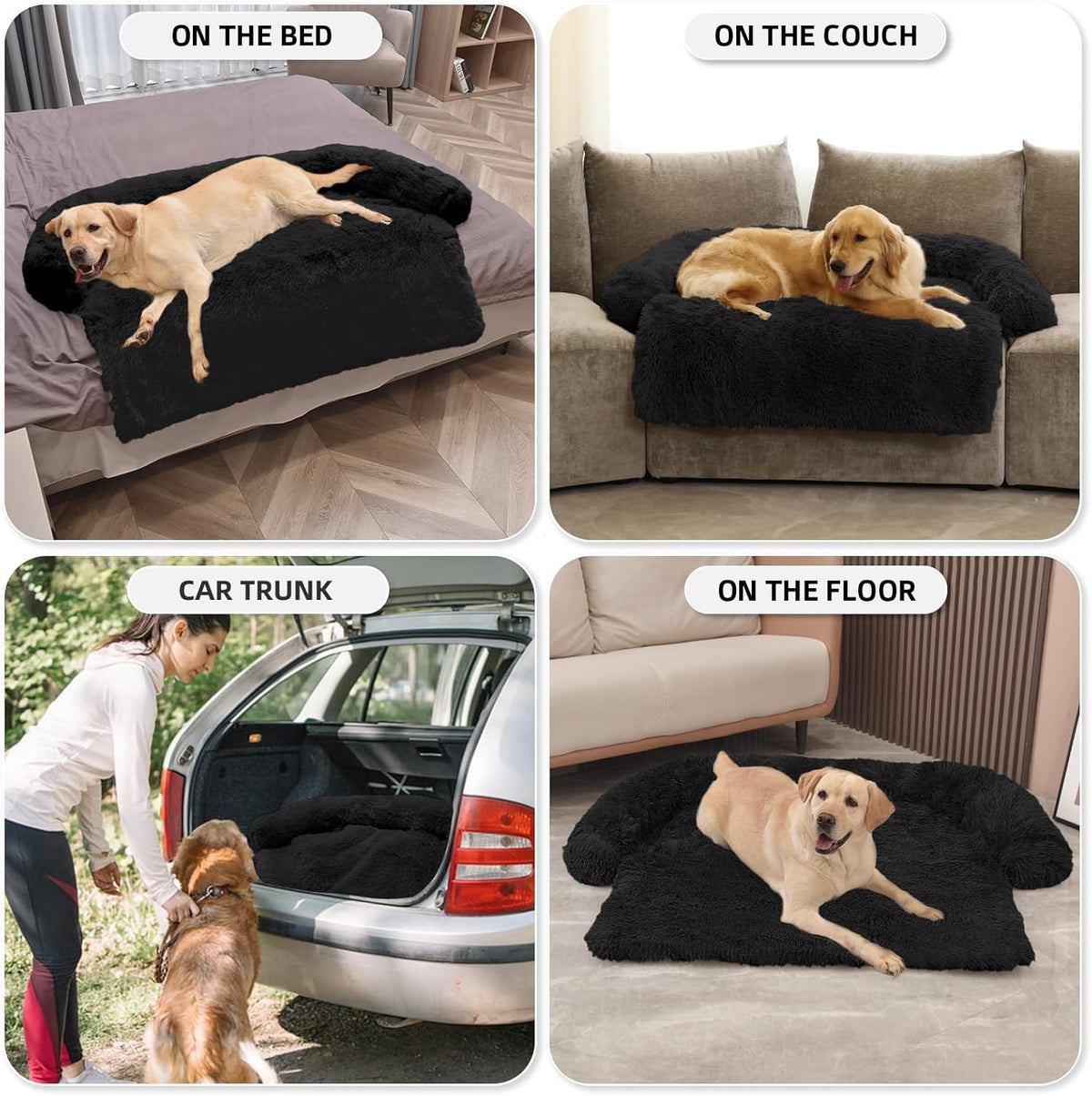 GGIB Calming Dog Bed Fluffy Plush Dog Mat for Furniture Protector with Removable Washable Cover for Large Medium Small Dogs and Cats (Extra Large (53x39.3x6), Black)