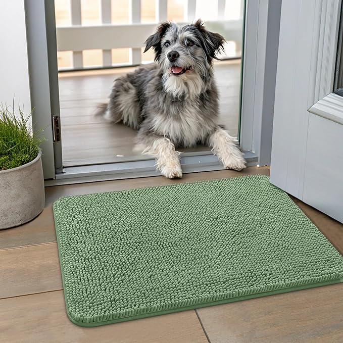 Smiry Dog Door Mat for Muddy Paws 24x16, Absorbs Moisture and Dirt Doormat, Non-Slip Washable Quick Dry Chenille Front Door Mat Indoor Entrance, Entryway Carpet for Inside Floor, Olive Green