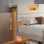 King Size Bed Frames with Upholstered Headboard, Modern Platform Bed with Charging Station and Led Lights, Bed Frame with Sturdy Wooden Slats/No Box Spring Needed/2-Tier Storage, Beige