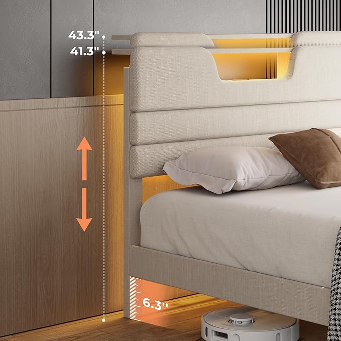 King Size Bed Frames with Upholstered Headboard, Modern Platform Bed with Charging Station and Led Lights, Bed Frame with Sturdy Wooden Slats/No Box Spring Needed/2-Tier Storage, Beige