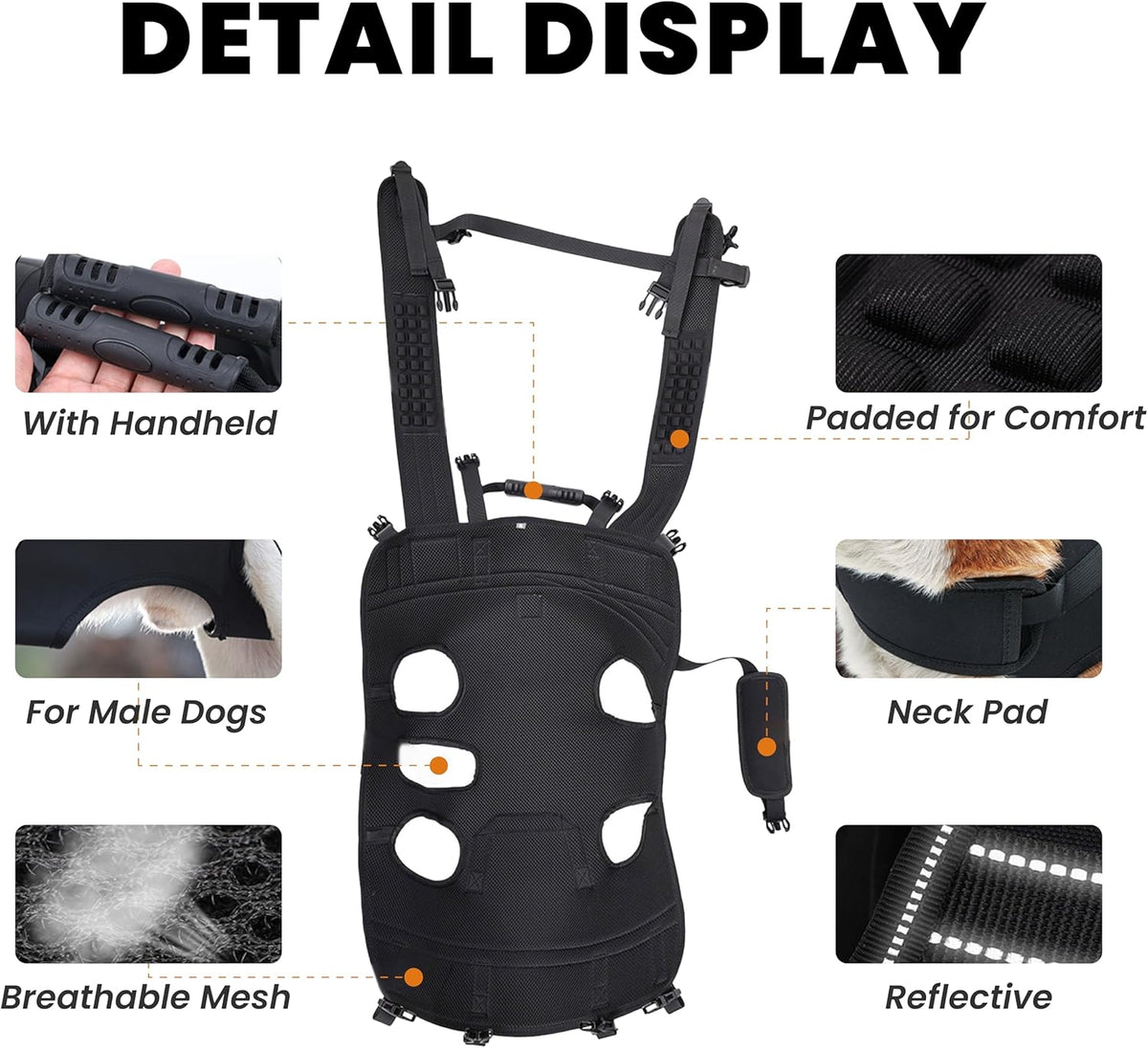 Dog Lift Harness Backpack Carrier for Large Dogs, Full Body Sling with Handle, Dog Harness for Joint Injuries, Arthritis, Ideal for Stairs, Elderly Dogs (Black XX-Large 50-66 LBS)