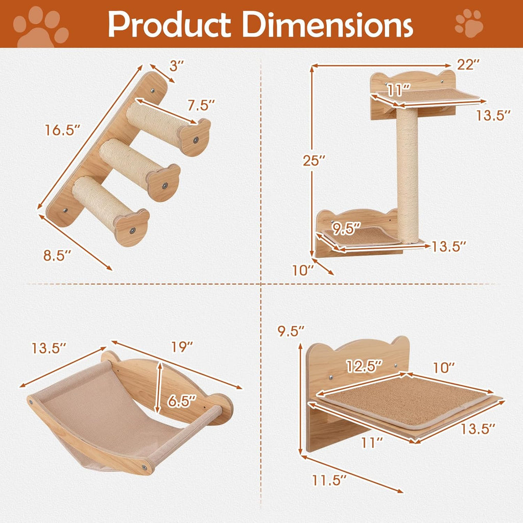 Tangkula Cat Wall Shelves, Wall Mounted 4pcs Kitten Furniture Set with Hammock, 2-Step Kitty Tree, Perch, Non-Slip Carpet Mat, Sisal Stairs & Scratching Posts, Wooden Cat Climber Steps (Natural)